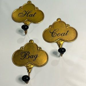 SALE! Accent Wall Hooks Trio Set Coat & Bag & Hat Rubbed Gold & Black, Vtg look